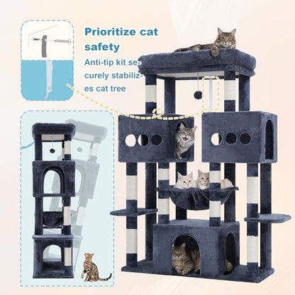 Hey-brother Cat Tree Tower, Large Sisal Scratching Posts with Big Platform, 3 Spacious Condos, Plush Hammock, Toy, 57.5 Inches Multi-Level Furniture for Indoor Adults Maine Coon, Smoky Gray MPJ083G - color: Smoky Gray