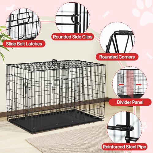 42 Inch Dog Crate Dog Cage with Double Door & Carrying Handle - Large Metal Dog Crates Dog Kennel with ABS Tray for Large Dog, Foldable & Portable Perfect for Indoor & Outdoor, Black ﻿