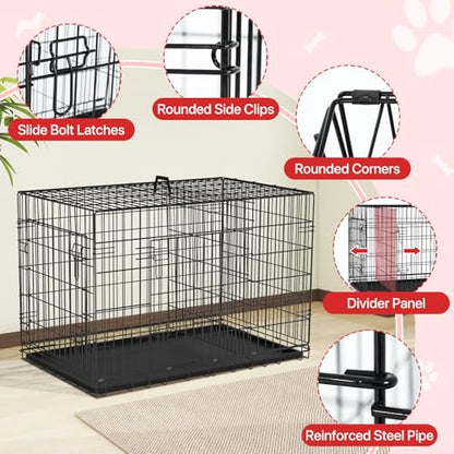 42 Inch Dog Crate Dog Cage with Double Door & Carrying Handle - Large Metal Dog Crates Dog Kennel with ABS Tray for Large Dog, Foldable & Portable Perfect for Indoor & Outdoor, Black ﻿