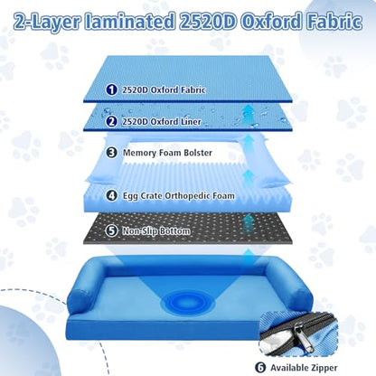 Chew Proof Dog Bed - Orthopedic Memory Foam Dog Bed, Waterproof Washable Cover with Non-Slip Bottom & Indestructible Pet Sofa for Medium Large Dogs, 30" x 20" Blue