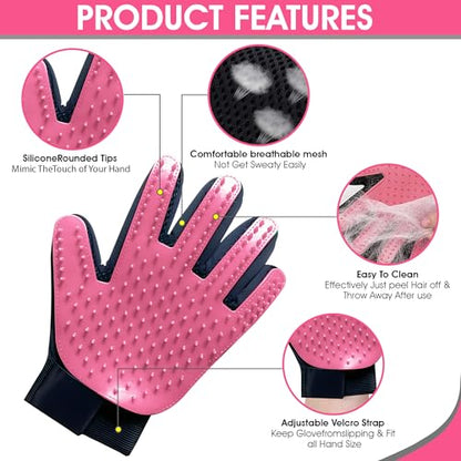 Upgrade Pet Grooming Gloves, Grooming Gloves for Dogs, Cats, Rabbits & Horses with Long and Short Hair, Efficient Pets Hair Remover Mittens - 1 Pair (Pink) - color: Pink