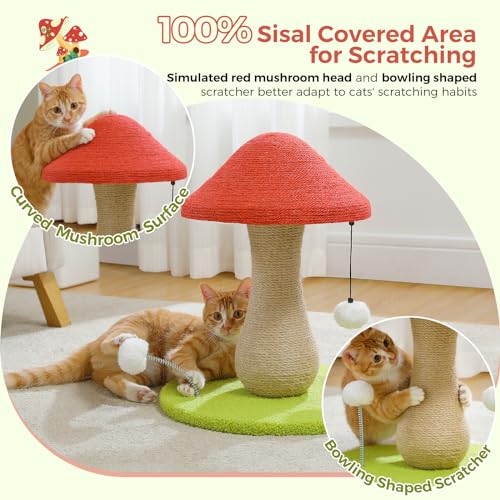PETEPELA Mushroom Cat Scratching Post, Cat Scratcher Cute with 100% Sisal Covered Scratching Post & Pompoms Toy, Mushroom Cat Post for Indoor Cats - color: Mushroon Pink
