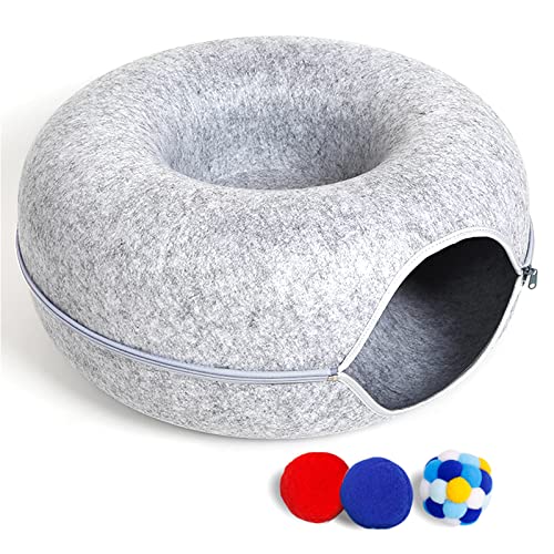 Large Cat Tunnel Bed for Indoor Cats with 3 Toys, Scratch Resistant Donut Cat Bed, Up to 30 Lbs (L 24x24x11, Light Grey) - color: Light Grey, size: L(24x24x11)