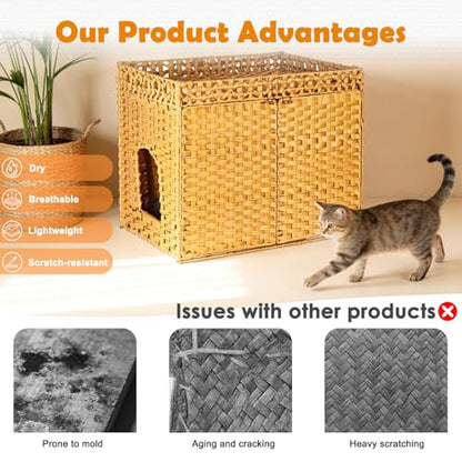 SZEE Cat Litter Box Enclosure Furniture, Hidden Litter Box with Mat, Handwoven Rattan Cat Houses for Indoor/Outdoor Cats, Large Litter Box Enclosure with 12” Edge for Living Room/Bedroom/Washroom