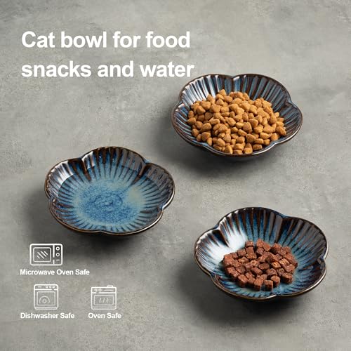 Cat Food Bowls, Ceramic Pet Plates, Cat Dish for Food, Water and Snack, 4.72 Inch, Indoor and Outdoor Use, Kitten Puppy and Small Animals Bowls Set of 3 (Blue) - color: blue