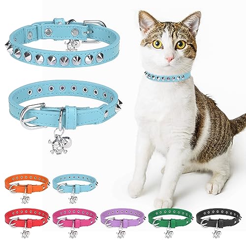 Leather Cat Collars for Boy Girl Cats with Bell and Safety Elastic Belt, Personalized Rivets Stud Adjustable Safe Buckle Collar with Skull Charm for Kitty Small Pets, Light Blue - color: Light Blue_Studded, size: 8"-12" Cats / Mini Dogs(Pack of 1)