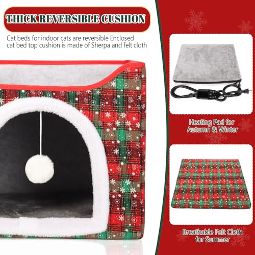 Heated Cat Bed for Indoor Cats, Foldable Cat House with Removable Heating Pad for Cats Small Dog Covered Cat Bed Cave Kitty Hideaway with with Scratch Pad, All Season Use