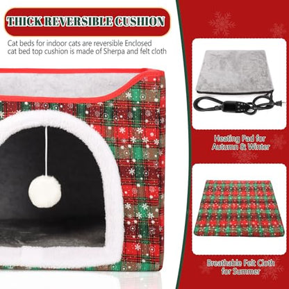 Heated Cat Bed for Indoor Cats, Foldable Cat House with Removable Heating Pad for Cats Small Dog Covered Cat Bed Cave Kitty Hideaway with with Scratch Pad, All Season Use