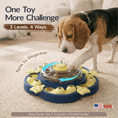 Dog Puzzle Toy, 3 Levels of Step-by-Step Challenge, Spin to Release Treat Dispenser, Slow Feeder & Mental Stimulation Enrichment Toy for Small Medium Large Dogs - color: Sunflower Blue