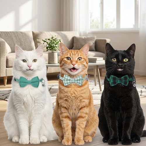 3pcs Bow Tie Cat Collar with Bells, Breakaway Bowtie Plaid Cat Collar, Soft Adjustable Bow Cats Collars for Kitten Puppy and Small Pets(Green) - color: dark green