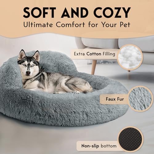 PetJett Dog Beds Large Sized Dog - 36'' Calming Round Bed, Washable Dog Bed - Anti-Slip Super Soft Donut Bed, Fluffy Faux Fur Anti-Anxiety Premium Comfort Pet Bed, Fits Dogs up to 80 lbs - Bright Grey - color: Bright Grey, size: Large - 36”L x 36”W x 8”Th