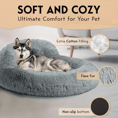 PetJett Dog Beds Large Sized Dog - 36'' Calming Round Bed, Washable Dog Bed - Anti-Slip Super Soft Donut Bed, Fluffy Faux Fur Anti-Anxiety Premium Comfort Pet Bed, Fits Dogs up to 80 lbs - Bright Grey - color: Bright Grey, size: Large - 36”L x 36”W x 8”Th