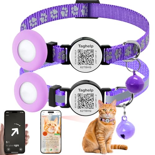 2 Pack Airtag Cat Collar, Breakaway Cat Airtag with Smart ID tag & QR Code Reflective, Lightweight Kitten Collar for Apple Air tag, Hidden Holder for GPS Tracker or Boy Girl Cats, Kittens(Purple) - color: reflective strip & Paw pattern - Purple, size: Col