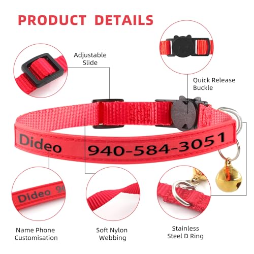 Personalized Custom Cat Collars,Custom ID Collar with Pet Name and Phone Number, Adjustable Kittens Nylon Collars Breakaway with Bells for Boy Girl (Normal) - color: Normal