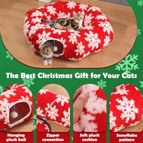 Cat Tunnel Christmas Tree Skirt,Christmas Tree Cat Tunnel for Indoor Cats,Cat Tunnels Tree Skirt,Soft Peekaboo Hideway Bed Cave Donut Toys Circle Tunnels for Kittens & Large Cats (Red) - color: Red