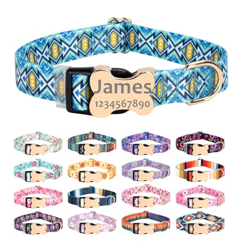 Personalized Custom Customized Silent No Jingle Dog Collar with Engraved ID Dog Name Phone Number/Dog Collars for Puppy X-Small Small Medium Large X-Large Boy Girl Dogs-Blue Lattice-XS - color: 8 Blue Lattice, size: X-Small (0.6" *7.8"-11.8")