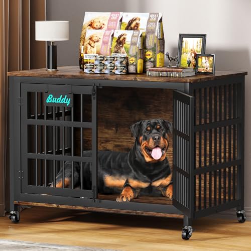 EasyCom 48"/42"/33" Dog Crate Furniture with Name Tag, Heavy Duty Dog Kennel Indoor for Large Dogs, Escape-Proof and Chew-Proof Dog Cage for high Anxiety Dog, Decorate House as TV Stand, End Table - color: Brown, size: 46.1"L x 28.7"W x 31.9"H