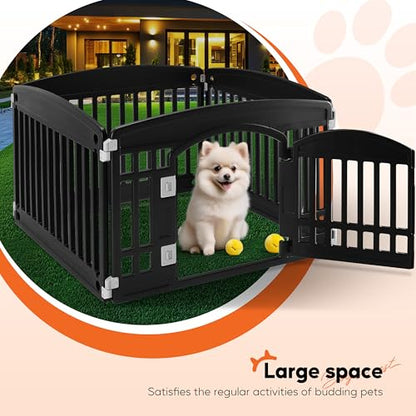 HealSmart 4 Panel Dog Playpen, 24” Exercise Puppy Playpen with Door, Safe, Secure, Folding & Portable Pet Playpen for Indoor & Outdoor Use, Suitable for Puppies and Small, Black