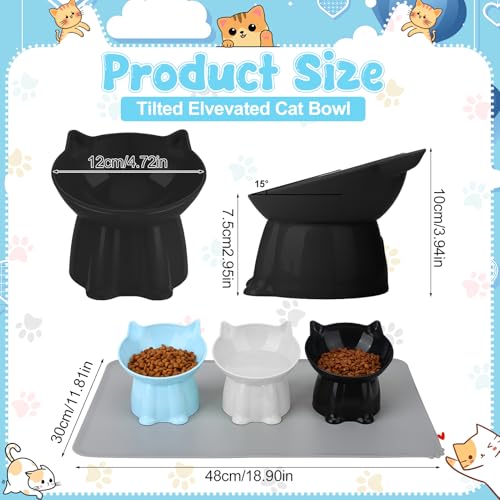 3 Pcs Elevated Cat Bowls 15°Raised Cat Food Bowl with Silicone Mat Whisker Friendly Anti Vomiting Cats Dishes Pet Food and Water Bowls for Indoor Cats Kittens, Blue, Black, White - color: Blue, Black, White