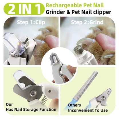2 in 1 Dog Nail Clippers and Grinder with 2 LED Light, Cat Nail Trimmer with Safety Guard, Avoid Overcutting & Splashing, Painless Quiet Pet Nail File, Professional Grooming Tool for Large Small Pets