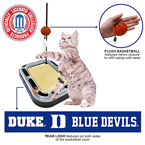 CATS SCRATCHER NCAA Duke University Basketball Court CAT Scratcher Toy with Catnip Filled Plush Basketball Toy & Feather Cat Toy Hanging, with Jingle Bell Interactive Ball Cat Chasing 5-in-1 Kitty Toy - color: Duke University