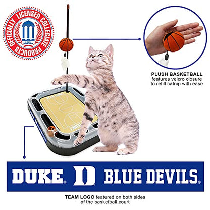 CATS SCRATCHER NCAA Duke University Basketball Court CAT Scratcher Toy with Catnip Filled Plush Basketball Toy & Feather Cat Toy Hanging, with Jingle Bell Interactive Ball Cat Chasing 5-in-1 Kitty Toy - color: Duke University