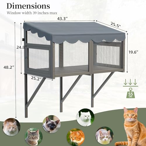 YZU Cat Window Box, Catio Outdoor Cat Enclosure with Sunpanel for Sunbathing, Napping & Overlooking, Wooden Window Perch House Hammock with Waterproof Roof for All-Weather Use