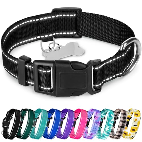 TECEUM Reflective Dog Collar – Black – S – Extra Soft Padding – Basic Nylon Pet Collar – Quick Release Buckle – Fits Small, Medium and Large Dogs, Puppies, Cats – ESA & Service Dog Options - color: Black, size: Small