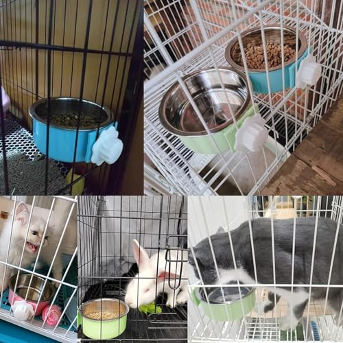 kathson Crate Dog Bowl, Removable Stainless Steel Hanging Pet Kennel Cage Bowl Food & Water Feeder Coop Cup for Puppy, Cat, Rabbit, Guinea Pigs Ferret Bird (2 PCS, Size: M, Blue and Green) - color: Size: M (Blue, Green), size: 2 PCS