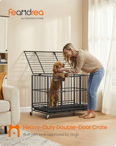 Feandrea Heavy-Duty Dog Crate, 5-Minute Quick Assembly, Foldable Dog Kennel Cage with Lockable Wheels, Double Doors, Escape Proof Fixed Bottom, Removable Tray, Easy to Clean, Ink Black, 37 Inch - size: 37.0"L x 24.0"W x 28.0"H