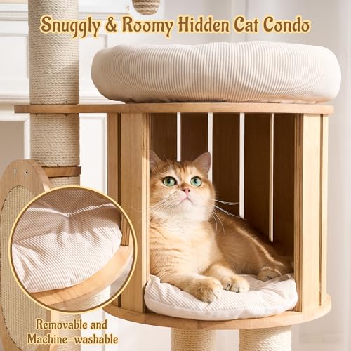 Modern Solid Wood Cat Tree for Indoor Cats Large Adult, 50in Tall Cat Tower with Sisal Scratching Posts, Cat Scratcher Cardboard, Cozy Cat Beds Cave Condo, Multi-Level Cat Furniture - color: Natural
