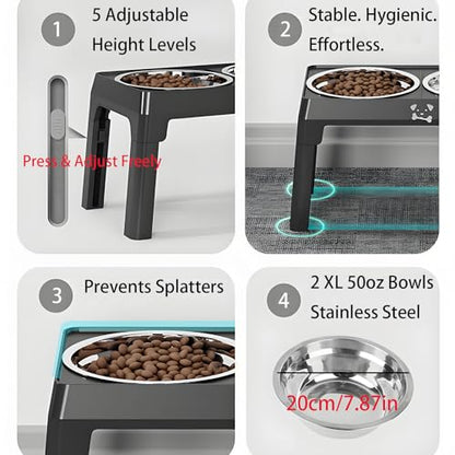 Elevated Dog Bowls Stand 5 Height Adjustable, Raised Dog Feeder with 2 Thick 50oz Stainless Steel Bowls, Non-Slip Pet Food Station for Medium & Large Breeds (Black)