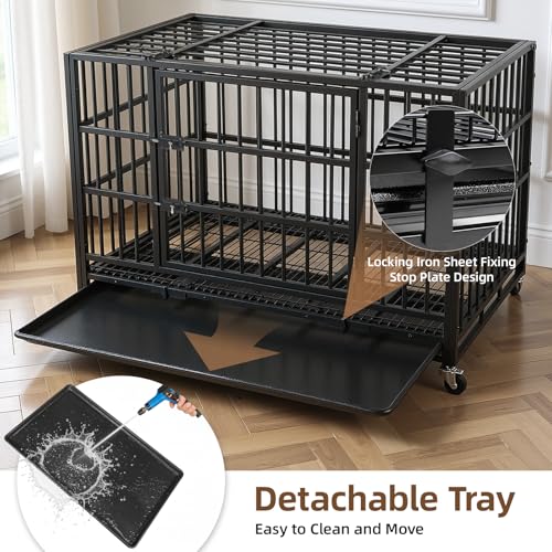 VOWNER 38 inch Heavy Duty Indestructible Dog Crate, Escape-Proof Dog Crate Cage Kennel with 4 Lockable Wheels, High Anxiety Dog Crate with Double Door and Removable Tray Design, for Large Dogs - size: 38.2"L x 24.9"W x 29.1"H