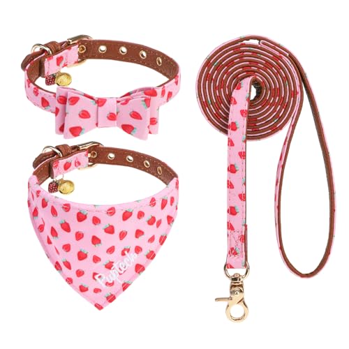 PUPTECK Dog Collar and Leash Set - 3 Pack Adjustable Pet Bandana Collars with Bow Tie and Bells, Soft Leather for Small Dogs Puppies and Cats Accessories, Pink Strawberry - color: Pink, size: S [Collar 9.4-11.8"]