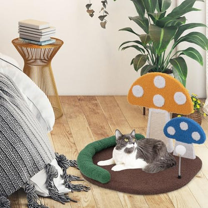 Tangkula Mushroom Cat Bed, Cat Claw Scratcher with Wide Large Platform, Sisal Scratching Panel, Spring Ball, PP Cotton Padded Headrest, Cat Tree House with Interactive Toys for Kittens - size: 17 Inch