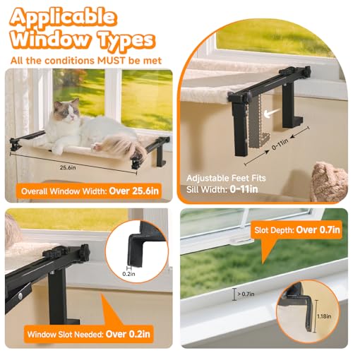 Cat Window Perch Bed Cat Hammock for Window Sill Seat, 2 in 1 Adjustable Large Cats Sleeping Beds with Cushion Steel Frame Kitten Perches for Windowsill, Bedside, Floor (Beige)