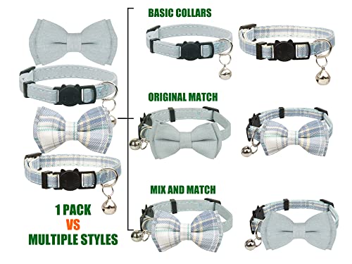 Cat Collar Breakaway Bowtie Safety with Bell Adjustbale Kitten Puppy Solid Plaid Color Set D-[2pcs] Blue - color: D-[2pcs] Blue