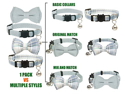 Cat Collar Breakaway Bowtie Safety with Bell Adjustbale Kitten Puppy Solid Plaid Color Set D-[2pcs] Blue - color: D-[2pcs] Blue