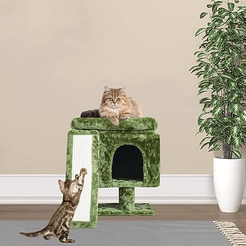 YANDLVY Small Cat Tower for Cats, Cute Cat Tree for Indoor Cats, Kittens Condo with Scratching Post and Board, Cat Cave, Modern Cat Activity House with Plush Perch (Green) - color: Green
