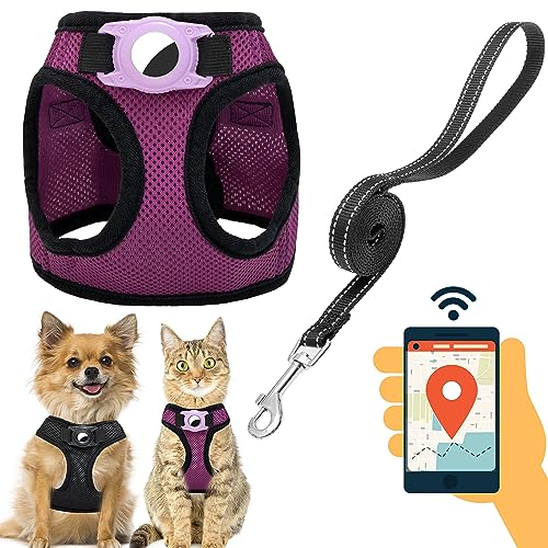 Dog Harness with Airtag Holder for Small Dogs, Puppy, Cats - No Pull Step in Small Dog Harness and Reflective Dog Leash Set for Walking Training Travel Grooming Outdoor - color: Purple, size: Large