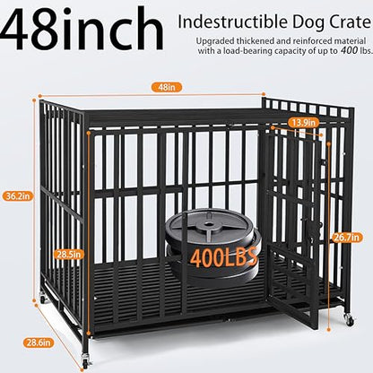 49Inch Heavy Duty Indestructible Dog Crate for Large Dogs,Escape-Proof Steel Kennel for Large & High-Anxiety Dogs,3Door Design with 4Lockable Wheels,Extra Large XXL Dog Cage with 2Removable Tray - size: 49