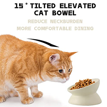 Ceramic Raised Cat Bowl, Cat Food Bowls Elevated Tilted, Ceramic Pet Bowl Whisker Friendly, Anti Vomit & Reduce Neck Burden for Food and Water (Cream-White) - color: Cream-White