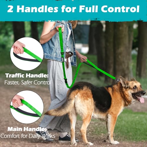 Heavy Duty Tactical Dog Leash, 5 FT Bungee Shock Absorption Leash with 2 Padded Handles, Quick Release Metal Clip, Car Seatbelt, No Pull Training Lead for Large Medium Dogs（Grass Green） - color: Grass Green