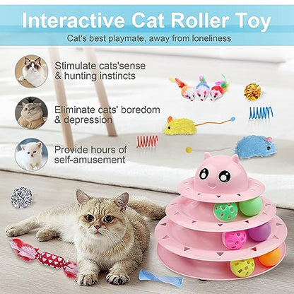 UPSKY 24 PCS Cat Toys, 3-Level Turntable Kitten Toys Set, Interactive Cat Roller Toys for Indoor Cats, Catnip Toys, Cat Teaser Toys, Mice Toys, Spring Toys, Various Ball Toys for Kitty - color: D-24PCS-Pink