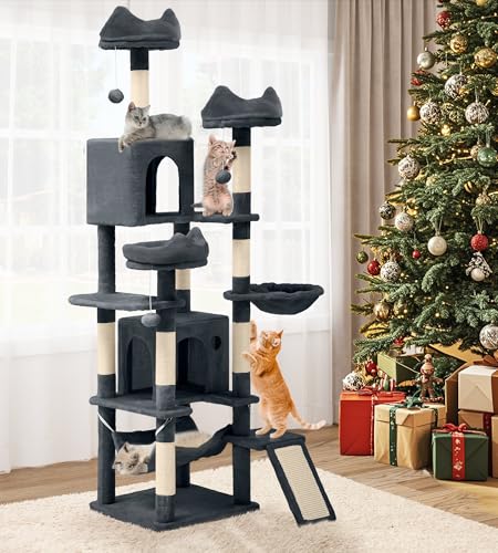YITAHOME Tall Cat Tree for Indoor Cats, 75 inch Multi-Level Cat Tower with Cat Condos, Top Perches, Sisal Ramp Scratching Posts, Cozy Basket, Hammocks, Large Cat Pet Activity Structure, Dark Grey - color: Dark Grey, size: 75 inches