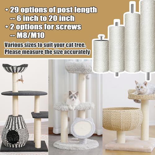 Catry Cat Scratching Post Replacement, 6-20 Inch Multi-Option Posts, Universal Replaceable Post for Feline Home Repair/Refresh with M10/M8 Screw Kit, Natural Sisal Rope, DIY Cat Tree - size: 14.5 Inches