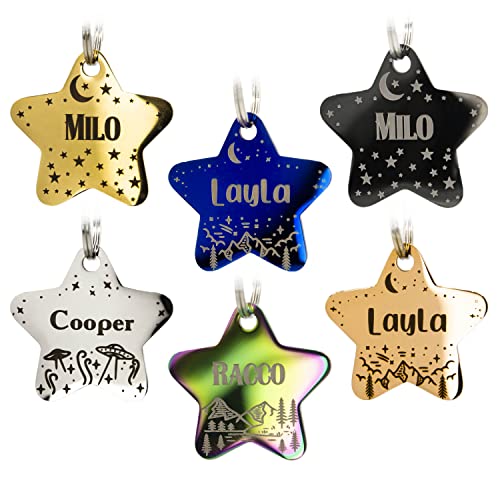 Personalized Dog Tag with 5 Lines of Custom Deep Engraved Durable Stainless Steel Pet ID Name Tag Designer Regular Size Star - size: Regular, style: Star