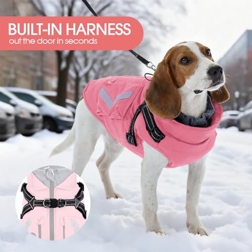 FUAMEY Dog Winter Coat Waterproof, Warm Fleece Lined Jacket for Dogs, Extra Large Goggie Vest with Harness Built in, Pet Cold Weather Coats Doggy Outfits Back Zipper, Weimaraner (Pink, 2XL) - color: Soft Pink, size: XX-Large