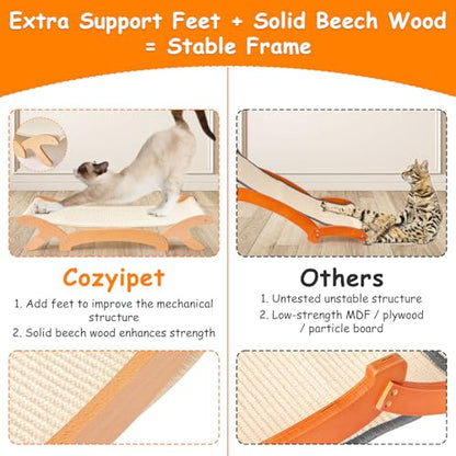 Elevated Cat Bed with Sisal Hammock for Cats, Large Sisal Scratcher Bed for Indoor Cats, Solid Beech Wood Frame up to 22Lbs (26.3" Lx16.1 Dx4.7 H)