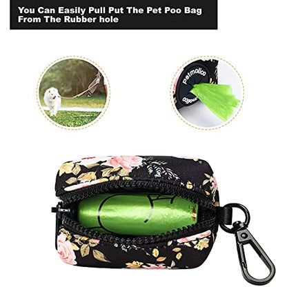 Dog Poop Bag Holder Leash Attachment, Waste Bag Dispenser Zippered Pouch, Fits Any Leash, Includes Free Roll of Bags, 2 Packs - Pink Rose - color: Black with Pink Rose